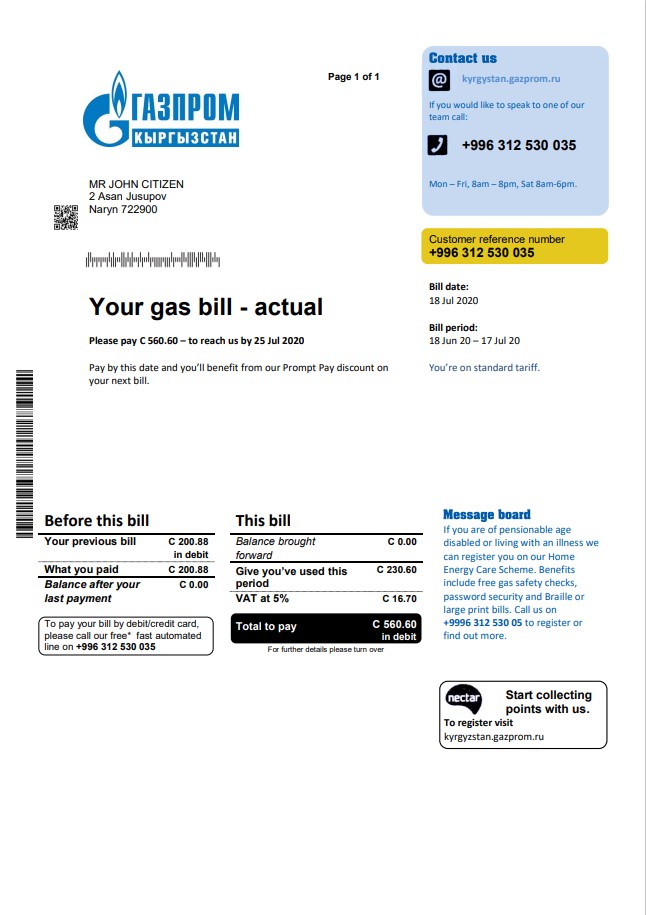 Kyrgyzstan Gazprom utility bill template in Word and PDF format